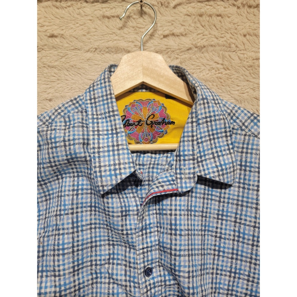 Robert Graham Mens XL Blue White Plaid Long Sleeve Button Down Cotton Shirt